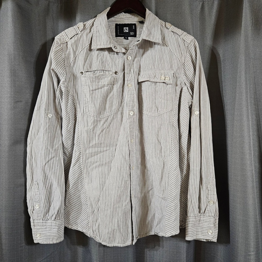 Ocean Current Mens Striped Button Down Shirt Grey White Roll Tab Sleeve Medium